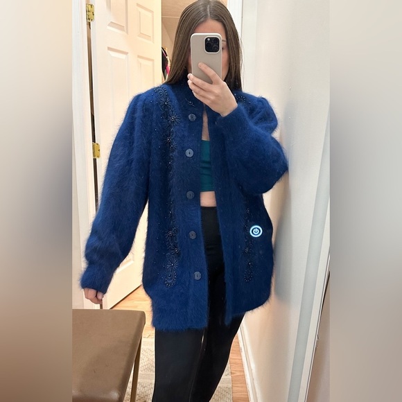 Vintage Lee Sands Angora Rabbit Beaded Floral Embroidered Fuzzy Cardigan Blue - Picture 3 of 11